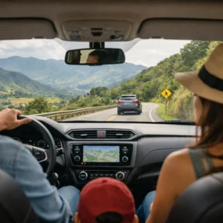 Familia viajando en carro por carretera, con enfoque en seguridad vial y planificación del viaje