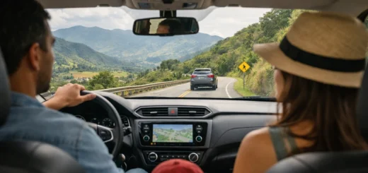 Familia viajando en carro por carretera, con enfoque en seguridad vial y planificación del viaje