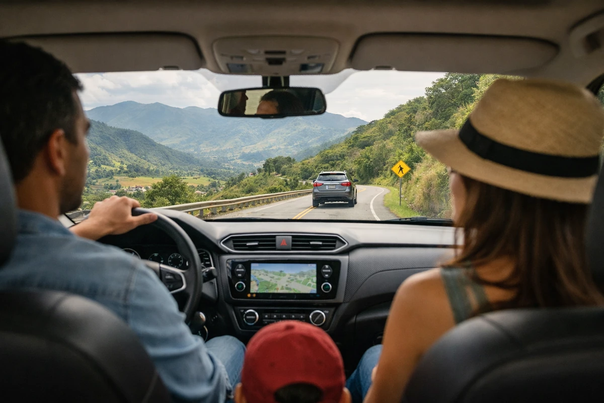 Familia viajando en carro por carretera, con enfoque en seguridad vial y planificación del viaje
