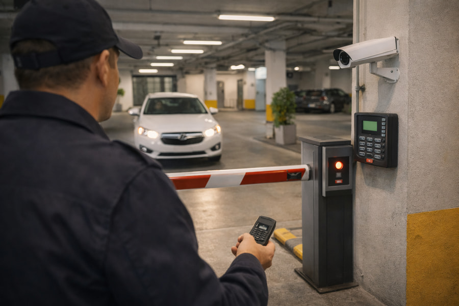 control de acceso vehicular en garaje de edificio con camara de seguridad y barrera automatica