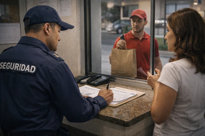 Vigilante en la portería supervisa el ingreso de residentes y visitantes para mejorar la seguridad en edificios y conjuntos.