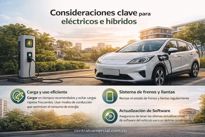 Infografía sobre consideraciones clave para vehículos eléctricos e híbridos en Colombia: carga eficiente, estado de la batería, revisión de frenos y actualización de software.