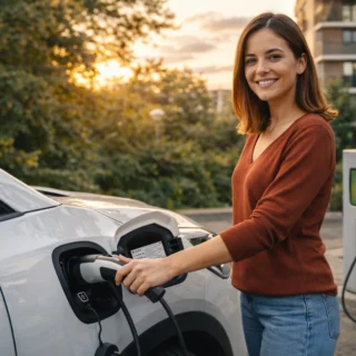 Mujer joven conecta su carro eléctrico moderno a una estación de carga residencial, como parte del mantenimiento responsable y cuidado del vehículo en 2026.