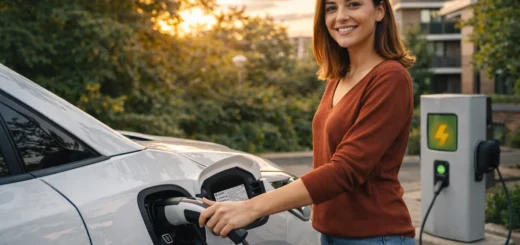 Mujer joven conecta su carro eléctrico moderno a una estación de carga residencial, como parte del mantenimiento responsable y cuidado del vehículo en 2026.