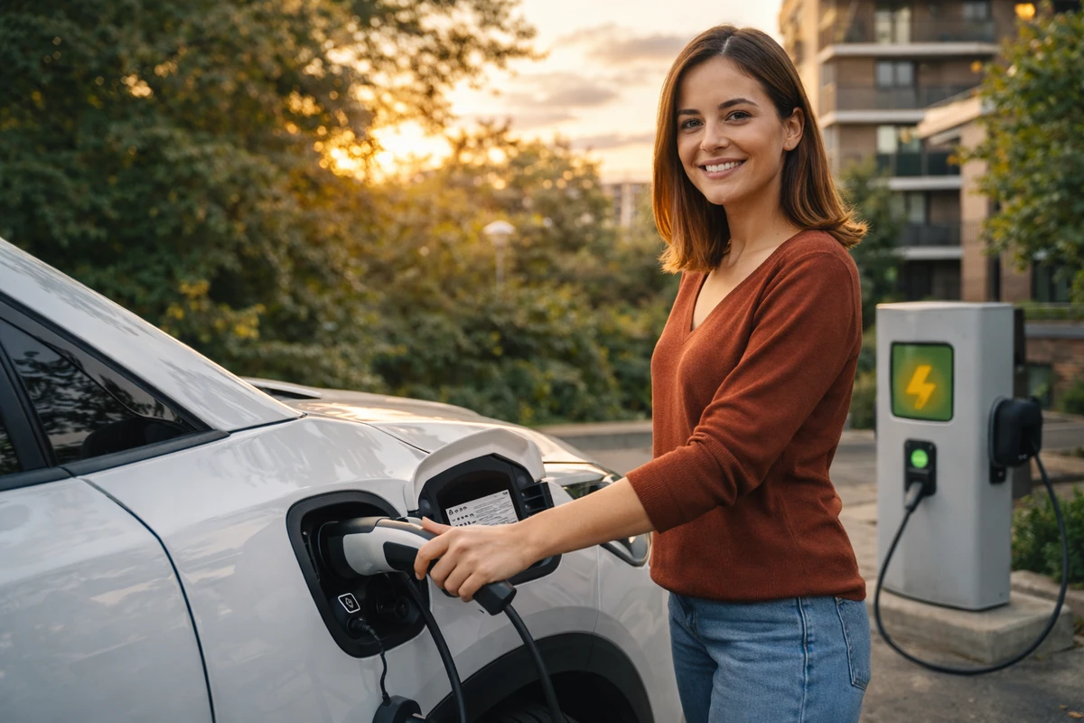Mujer joven conecta su carro eléctrico moderno a una estación de carga residencial, como parte del mantenimiento responsable y cuidado del vehículo en 2026.