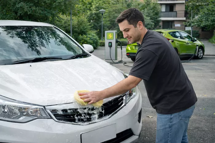 Hombre joven lava su carro moderno en un conjunto residencial, como parte del mantenimiento preventivo para mantener el vehículo en perfecto estado en 2026.