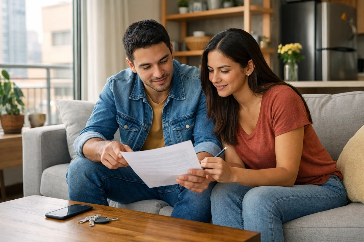 Inquilino limpiando la barra de la cocina de su apartamento arrendado con un paño y un atomizador, en un espacio moderno y luminoso.