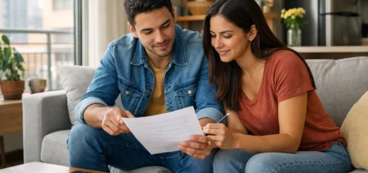 Inquilino limpiando la barra de la cocina de su apartamento arrendado con un paño y un atomizador, en un espacio moderno y luminoso.