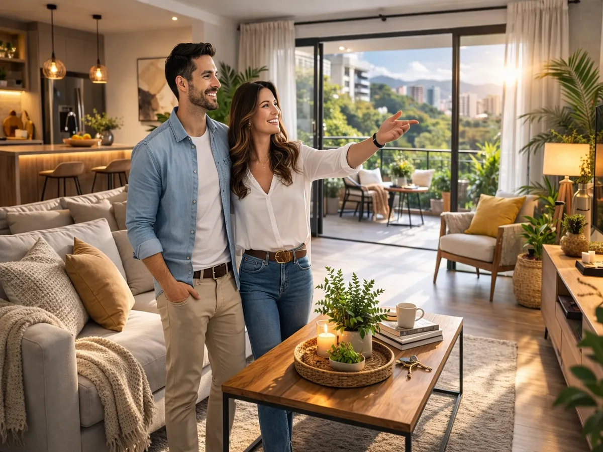 Pareja joven en sala moderna y luminosa aplicando técnicas de home staging para enamorar a