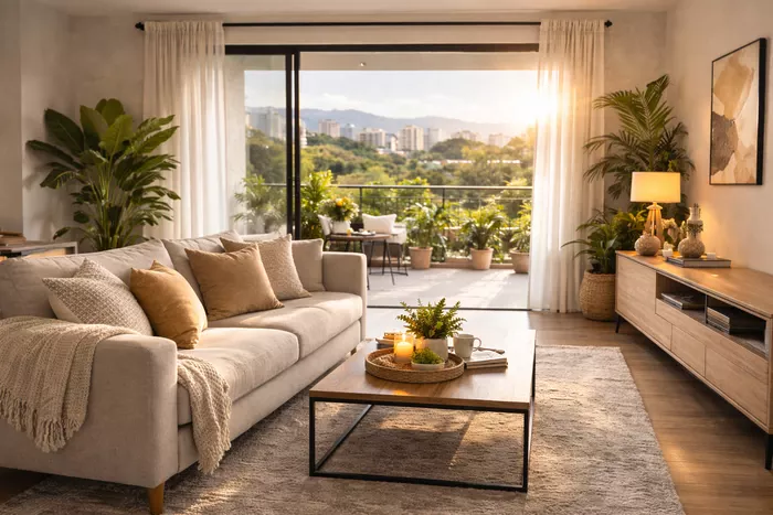 Sala moderna y luminosa con decoración neutra y balcón verde tras aplicar técnicas de home staging para enamorar a compradores o arrendatarios.