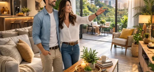 Pareja joven en sala moderna y luminosa aplicando técnicas de home staging para enamorar a