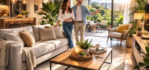 Pareja joven en sala moderna y luminosa aplicando técnicas de home staging para enamorar a compradores o arrendatarios.