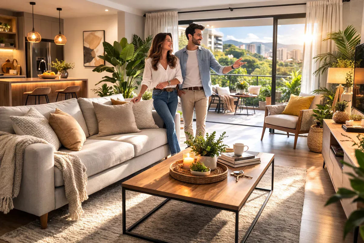 Pareja joven en sala moderna y luminosa aplicando técnicas de home staging para enamorar a compradores o arrendatarios.