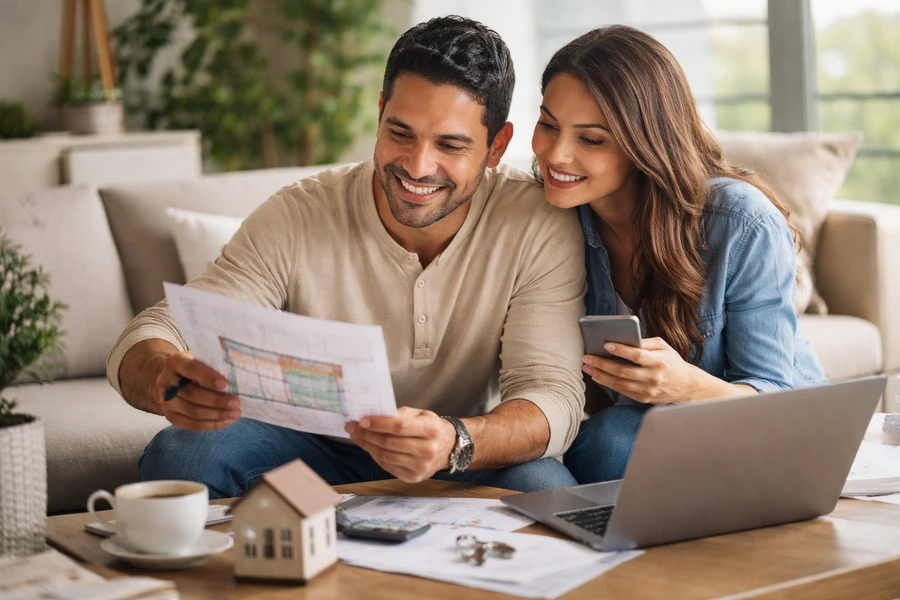 Pareja revisando planos y presupuesto para comprar vivienda en Colombia