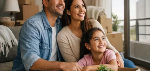 Familia feliz en su nuevo hogar después de comprar vivienda en Colombia