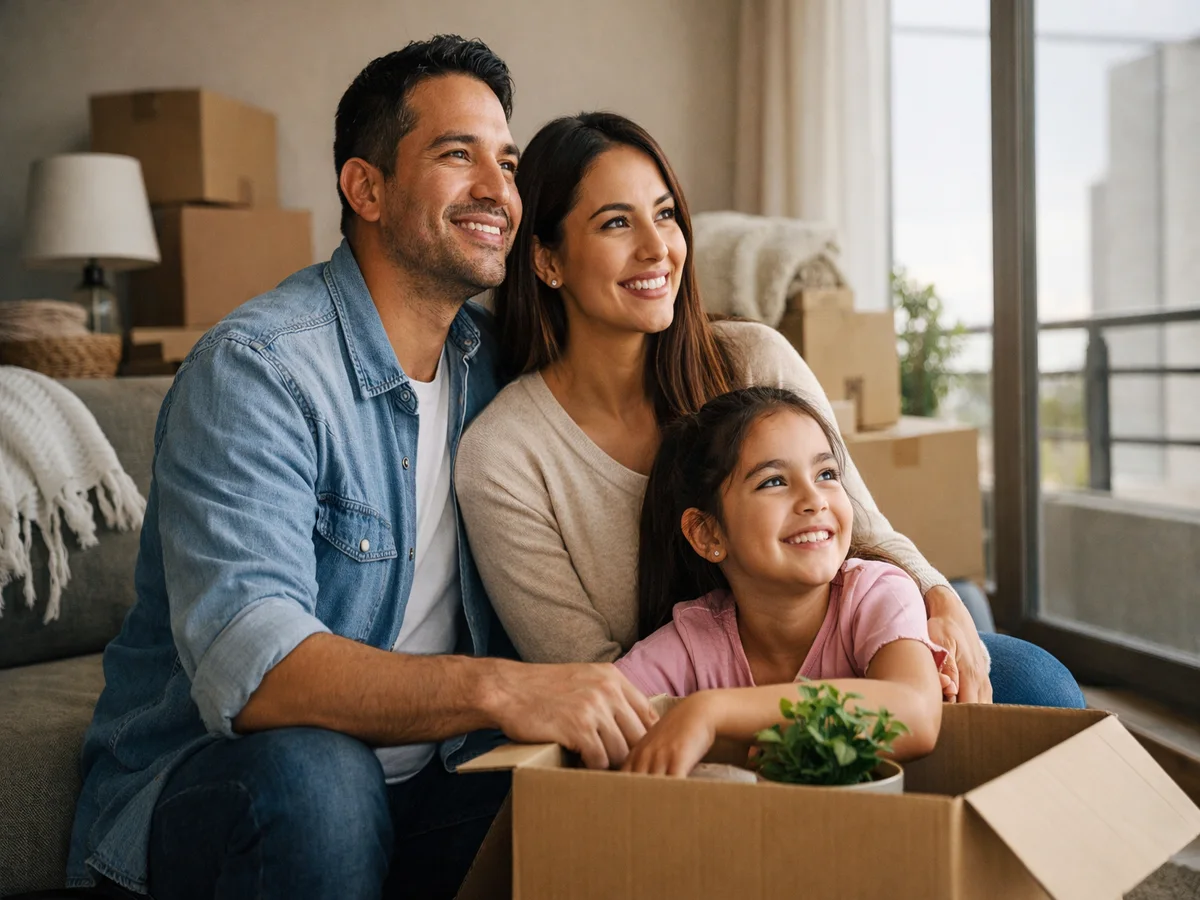 Familia feliz en su nuevo hogar después de comprar vivienda en Colombia