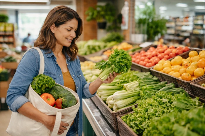 Mujer realizando compras responsables con bolsa reutilizable y productos locales para reducir el impacto ambiental.