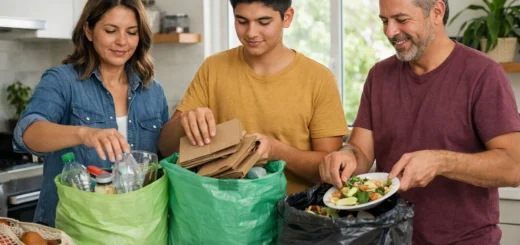 Familia colombiana separando residuos en casa como hábito para proteger el medio ambiente y promover el reciclaje.