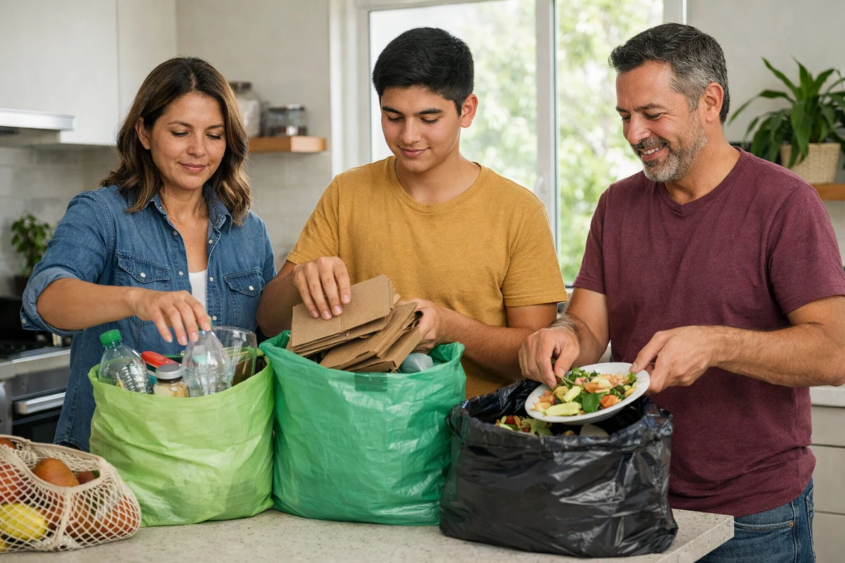 Familia colombiana separando residuos en casa como hábito para proteger el medio ambiente y promover el reciclaje.