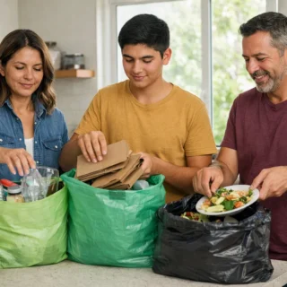 Familia colombiana separando residuos en casa como hábito para proteger el medio ambiente y promover el reciclaje.