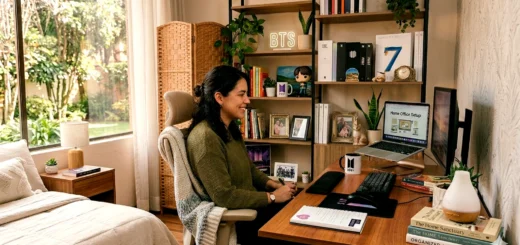 oficina en casa moderna con decoración personalizada BTS y mujer trabajando desde casa
