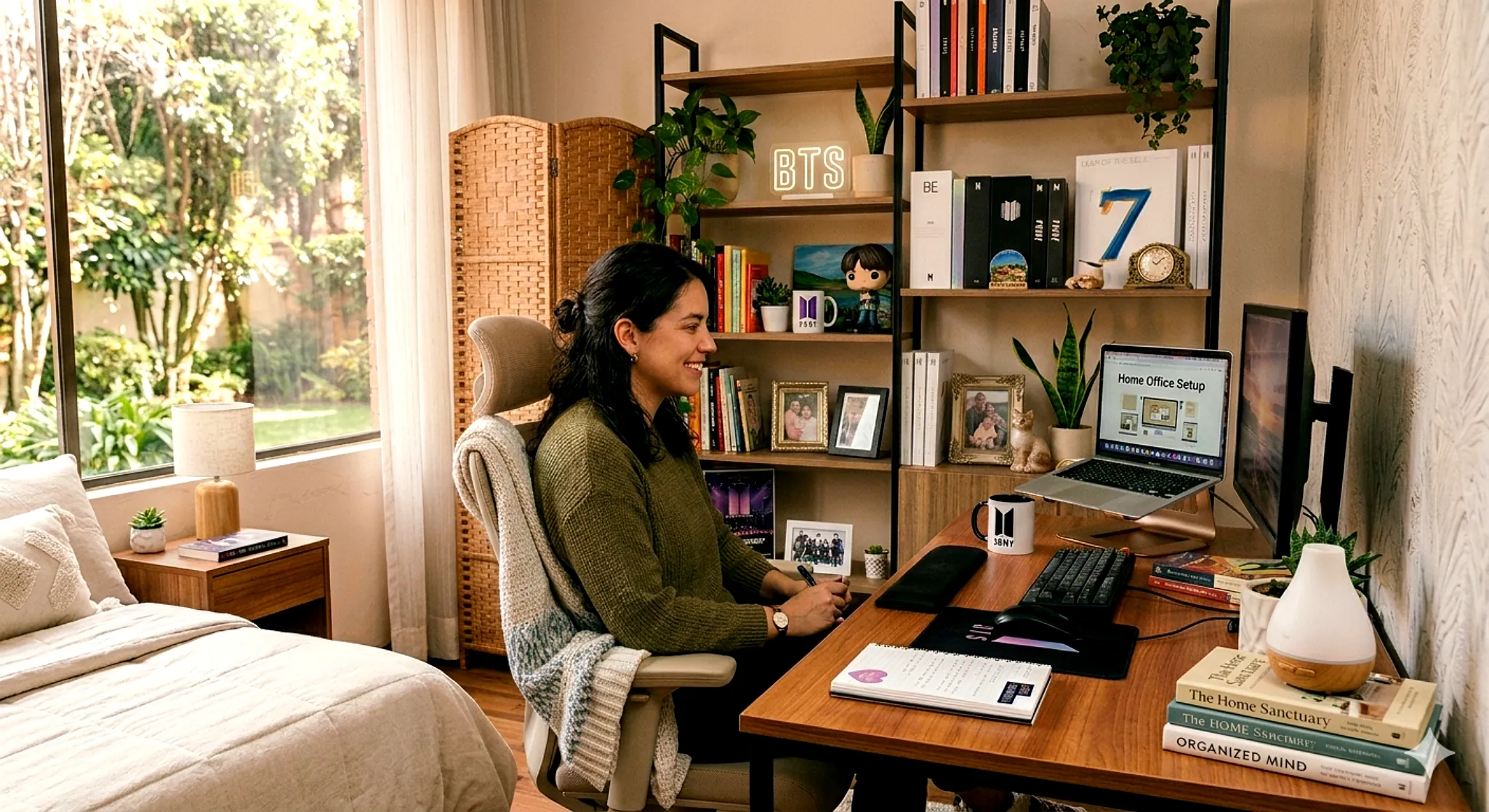 oficina en casa moderna con decoración personalizada BTS y mujer trabajando desde casa