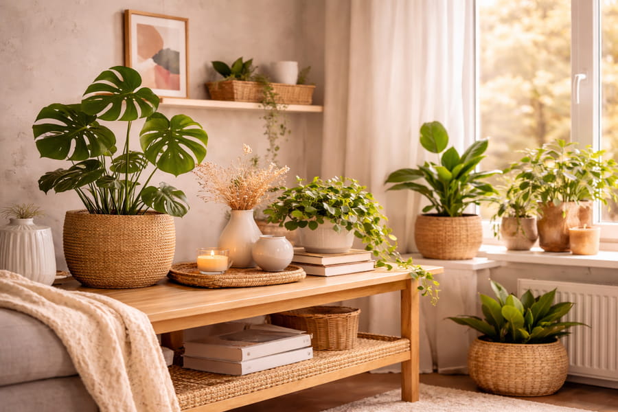 hogar acogedor con sala decorada con cojines, manta y plantas naturales