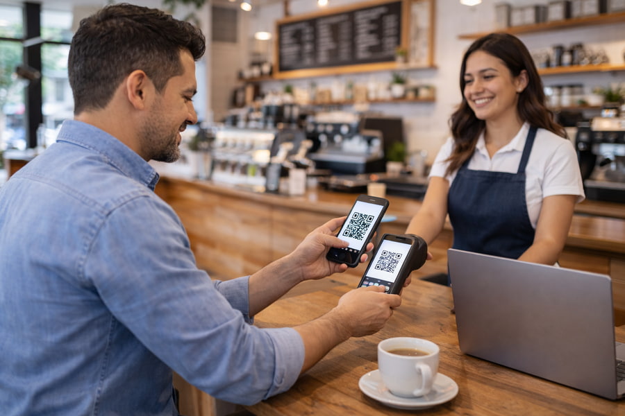 cliente pagando con código qr en un café usando pago digital