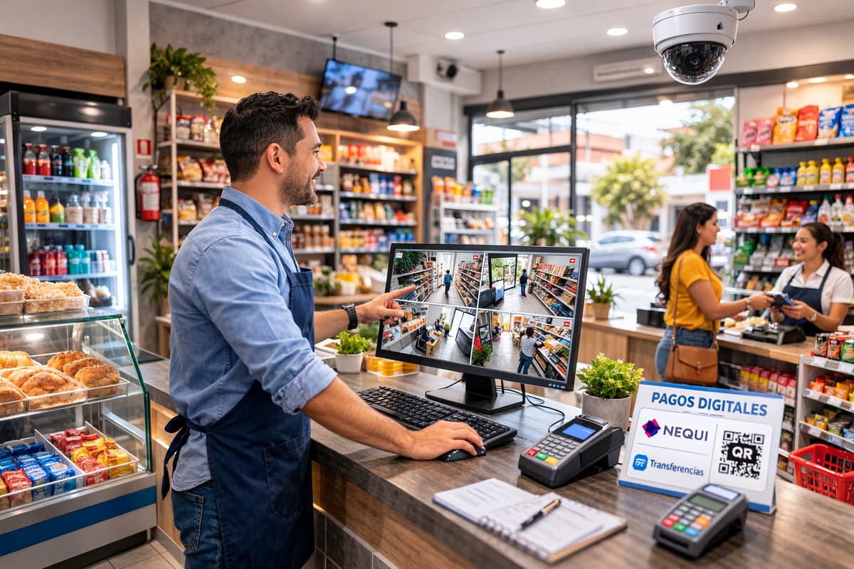 seguridad en negocios pequeños con cámaras de vigilancia y pagos digitales