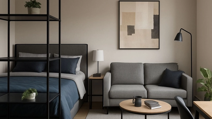 Apartaestudio con estantería metálica que separa la zona de dormir y la sala en un espacio pequeño