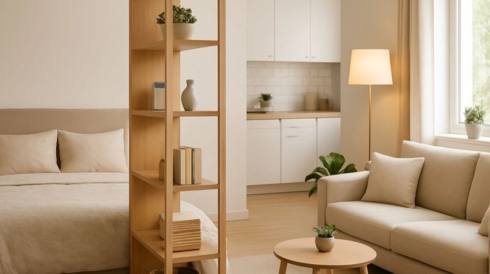 Apartaestudio con estantería abierta que separa la zona de dormir y la zona social sin bloquear la luz