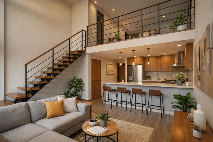 Interior de apartamento dúplex en Colombia con cocina tipo americano, isla central y espacios integrados.