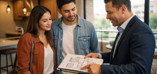 Pareja visitando apartamento moderno en Colombia con asesor inmobiliario mientras revisan planos antes de comprar vivienda.