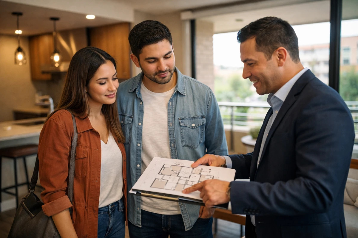 Pareja visitando apartamento moderno en Colombia con asesor inmobiliario mientras revisan planos antes de comprar vivienda.