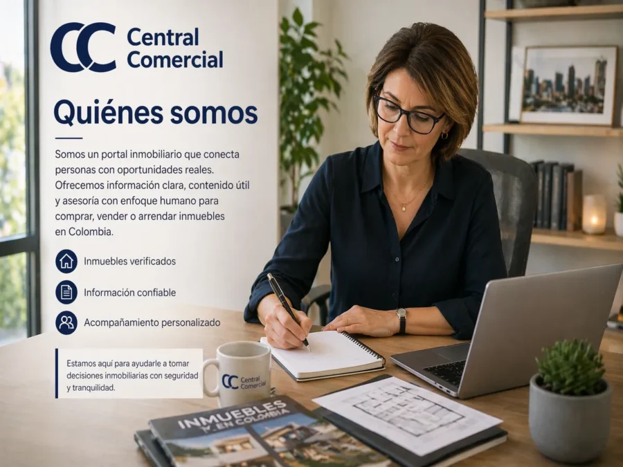 Asesora inmobiliaria trabajando en oficina, Central Comercial asesores inmobiliarios en Colombia con atención personalizada.