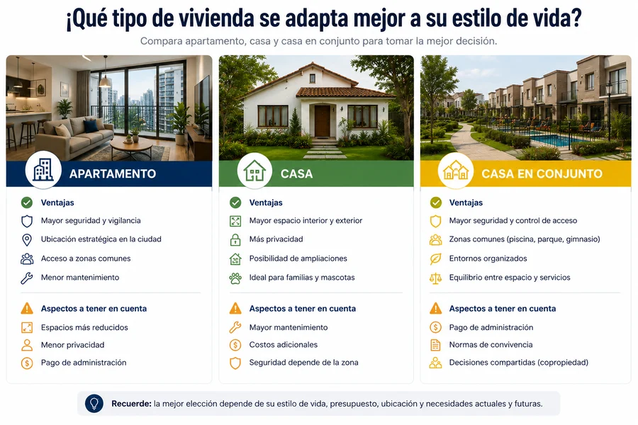 comparación entre apartamento casa y conjunto residencial ventajas y desventajas en Colombia